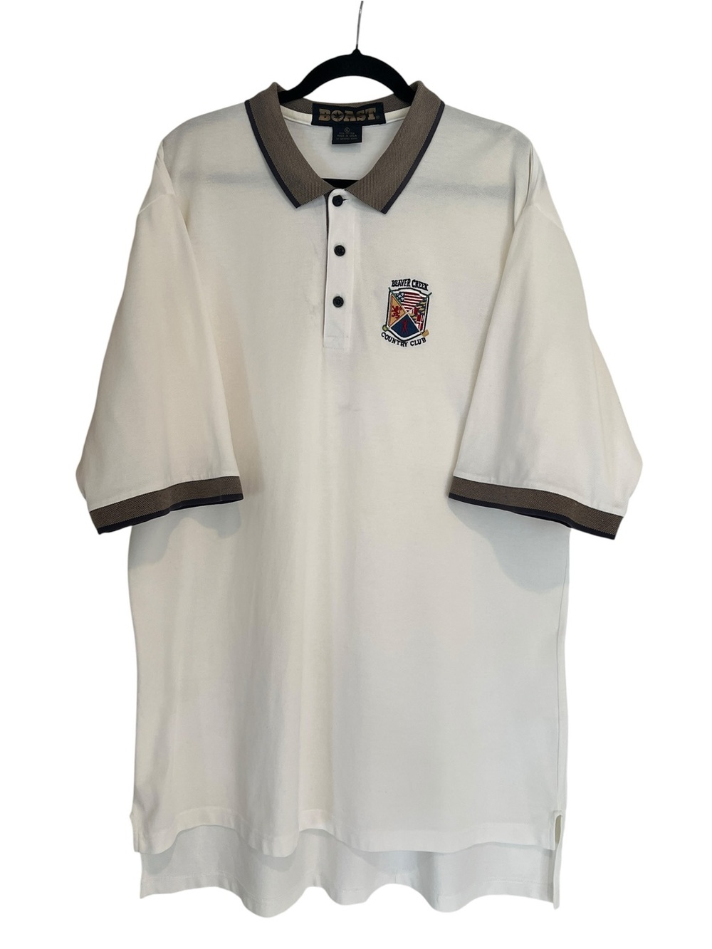 Boast Men's 100% Cotton White Polo Shirt w/ Brown Trim & Embroidered Crest- XL